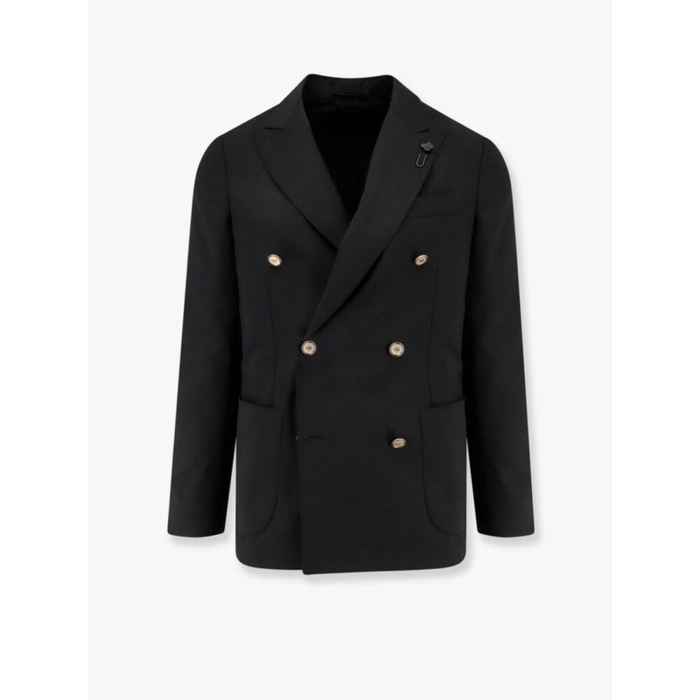 Lardini Men Double-Breasted Wool Blazer With Iconic Brooch